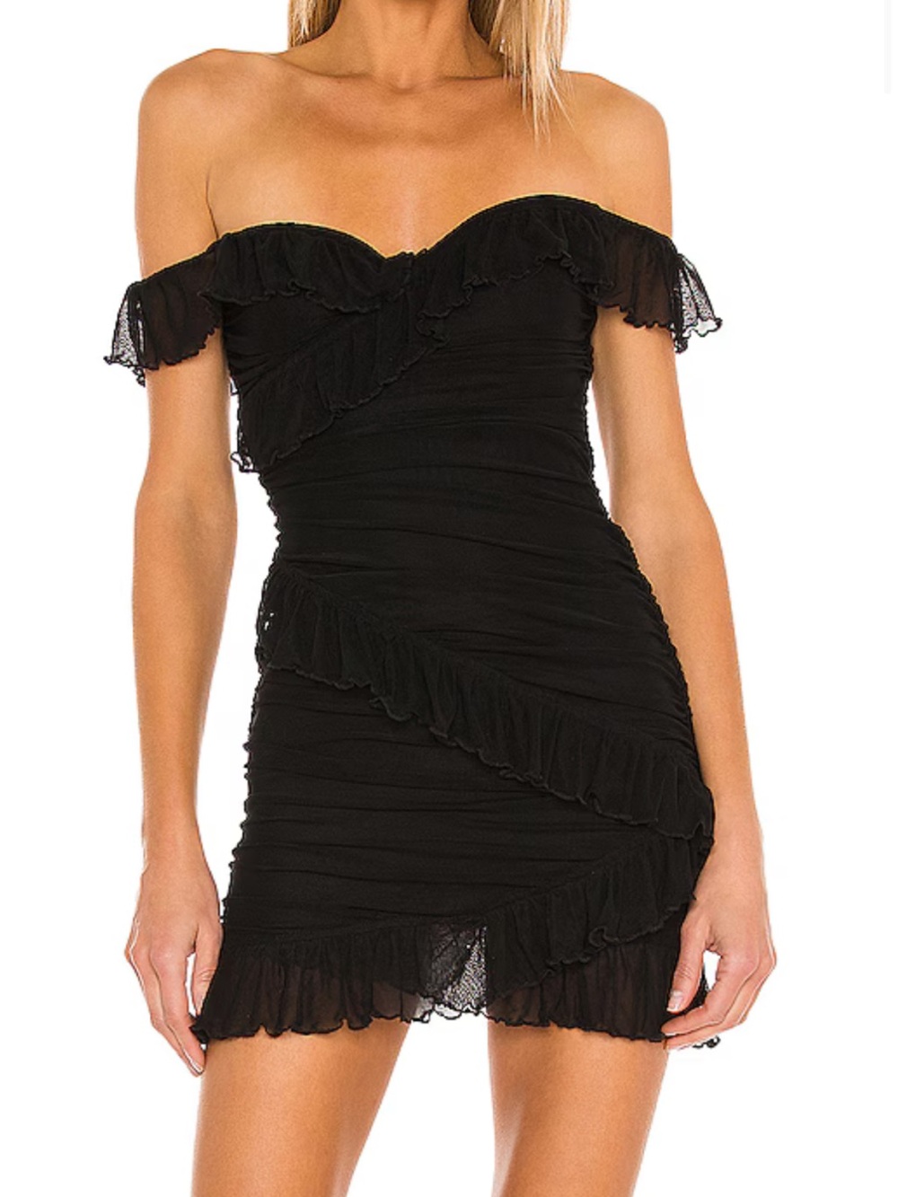 MAJORELLE Black Off-Shoulder Ruffle Mini Dress